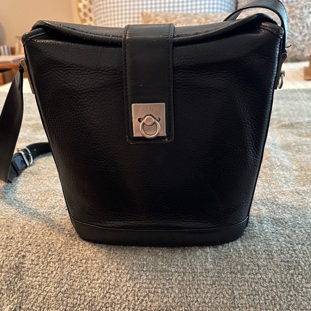 Celine Vintage Black Leather Bag with Silver Clasp